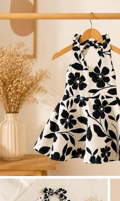 Black and white floral halter dress front view
