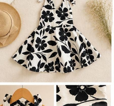 Black and white floral halter dress angled view