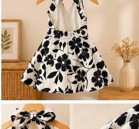 Black and white floral halter dress back view
