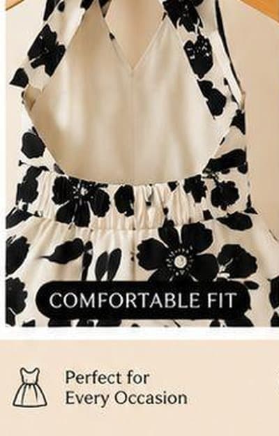 Black and white floral halter dress V-back detail