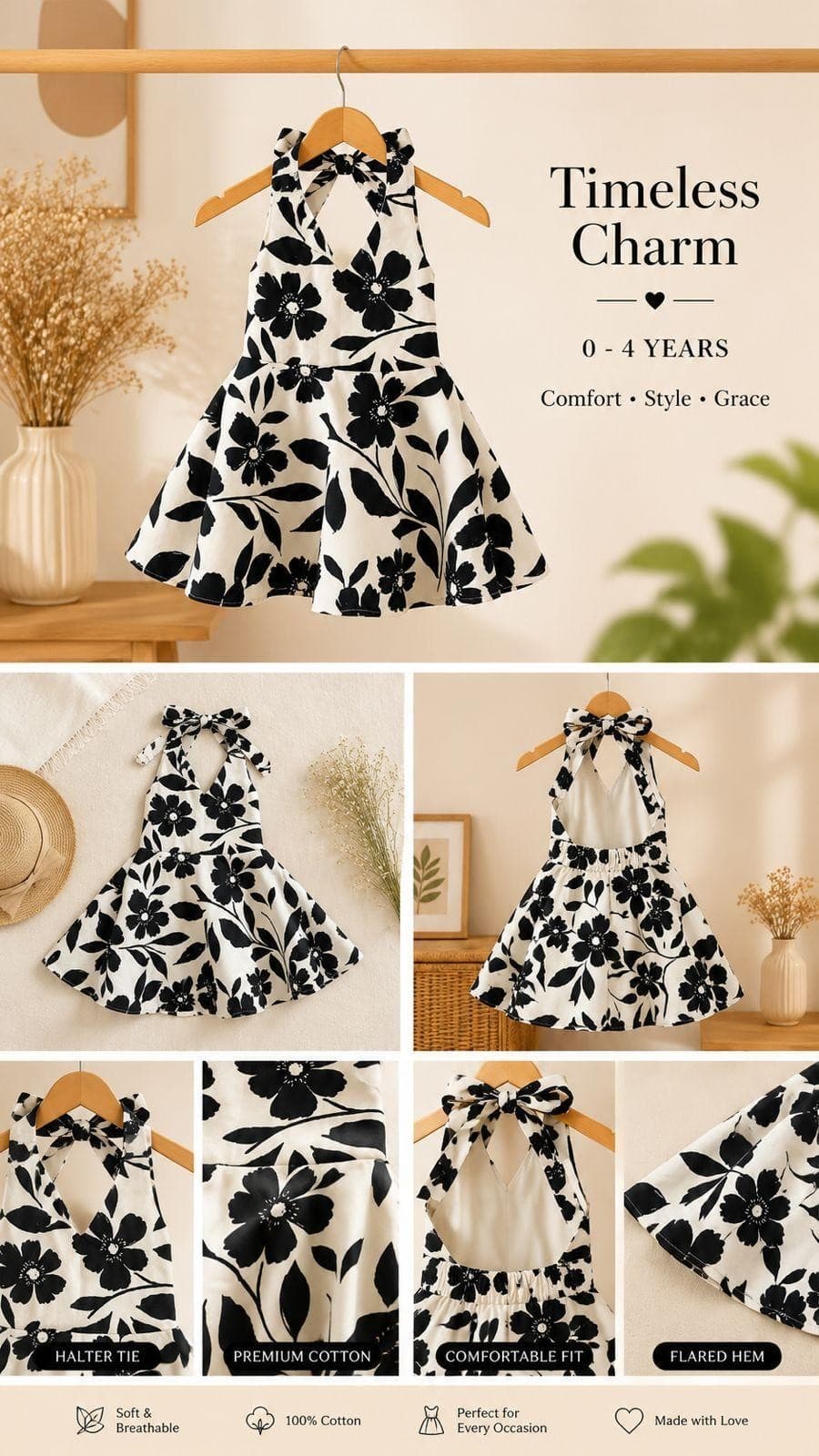 Black and white floral halter dress collage
