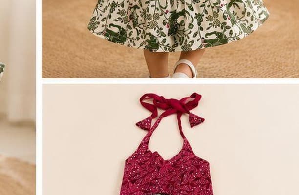 Magenta bandhani green botanical dress flat-lay