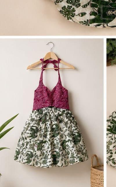 Magenta bandhani green botanical dress hanger display