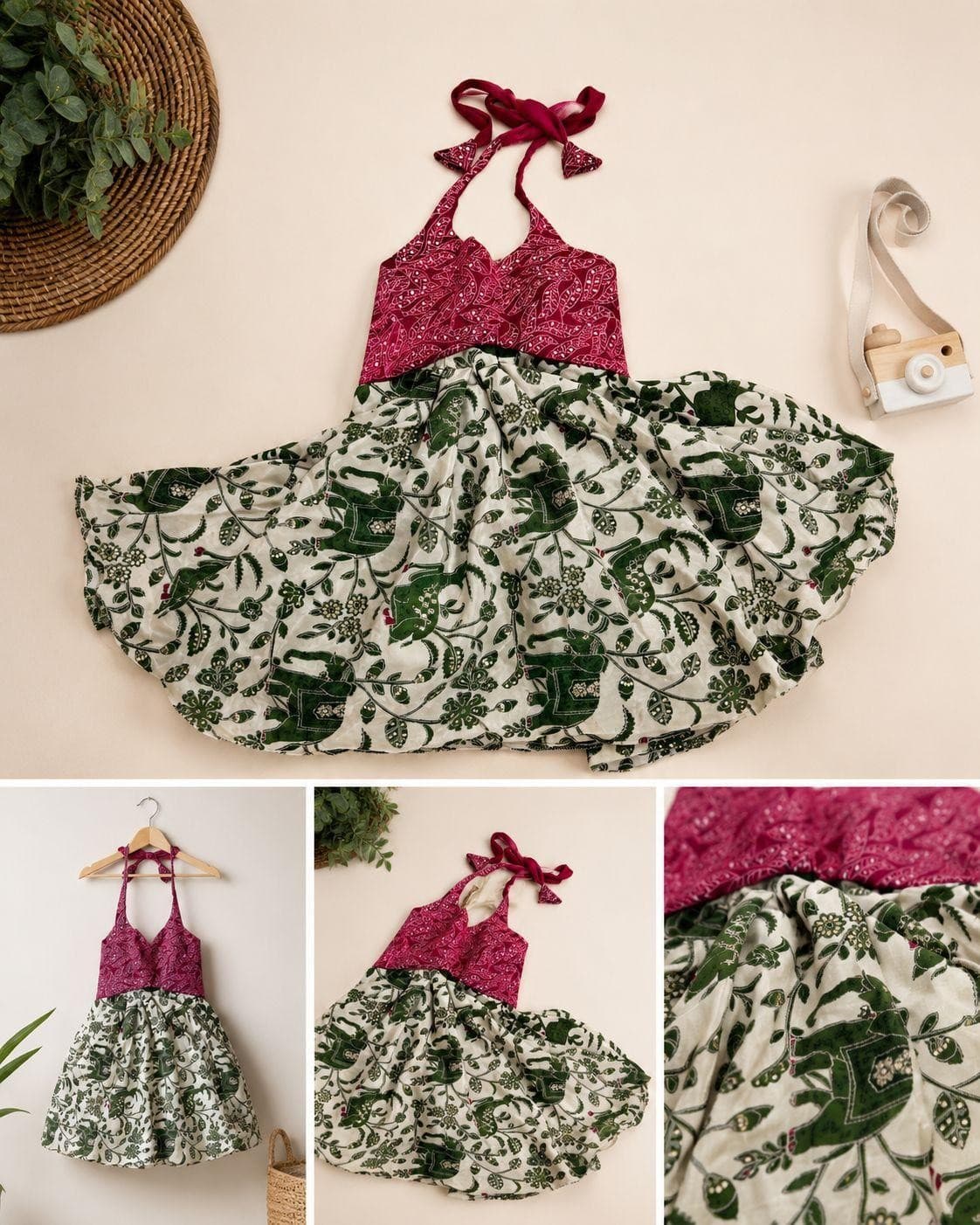 Magenta bandhani green botanical dress alternate collage