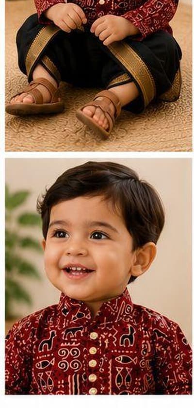 Maroon tribal kurta dhoti set festive pose