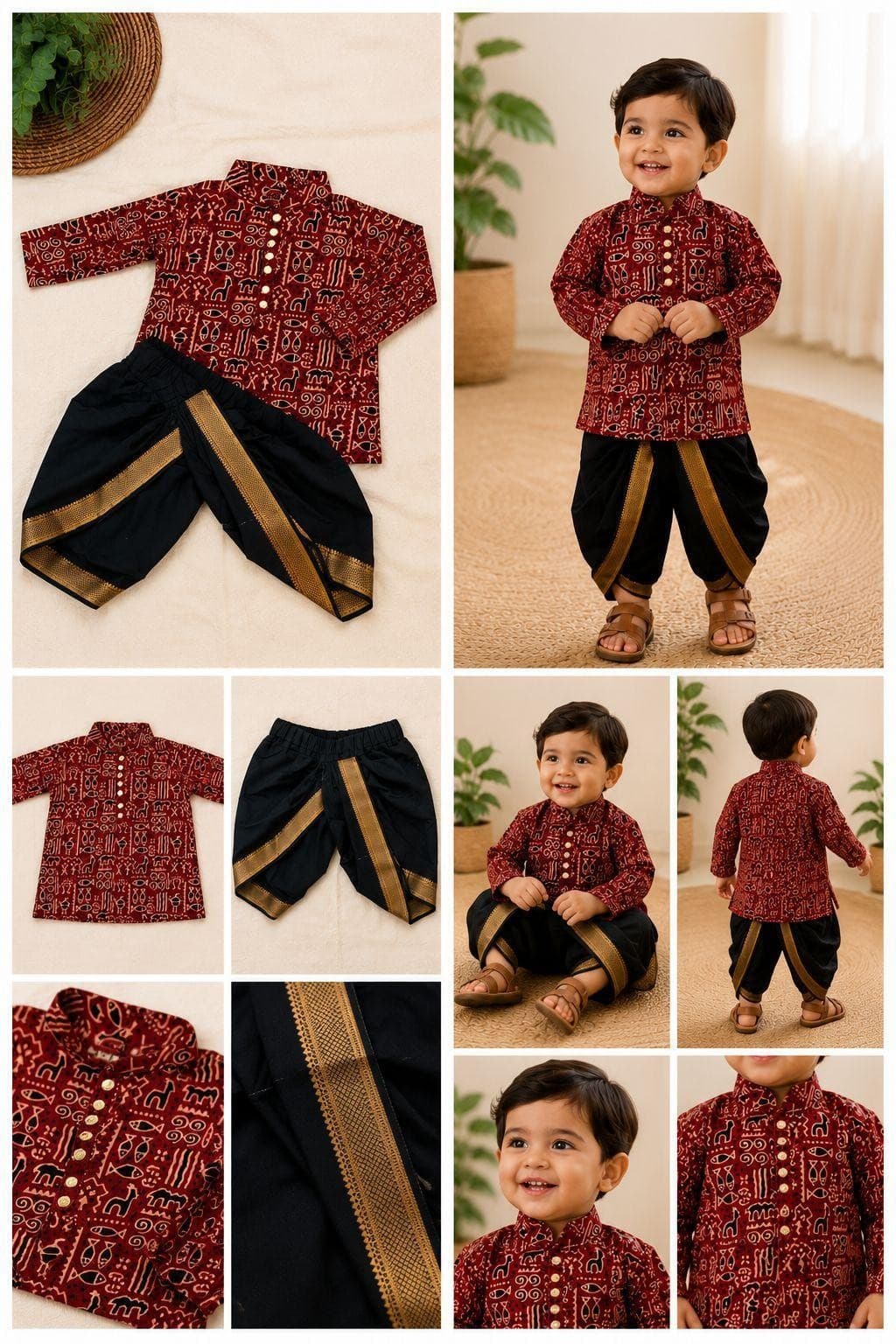 Maroon tribal kurta dhoti set collage