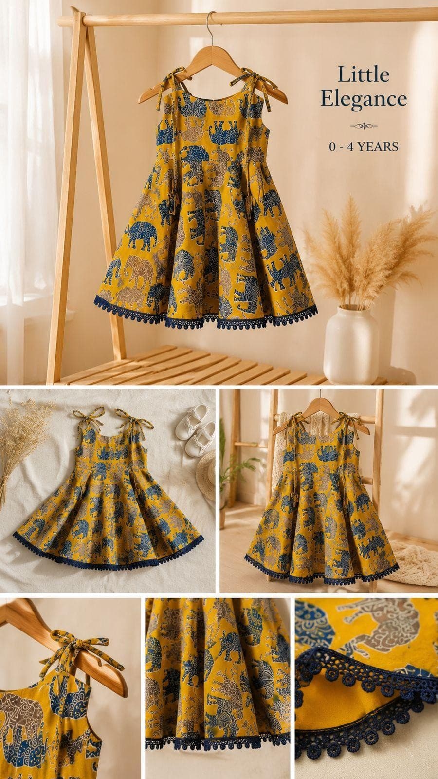 Mustard elephant print dress collage