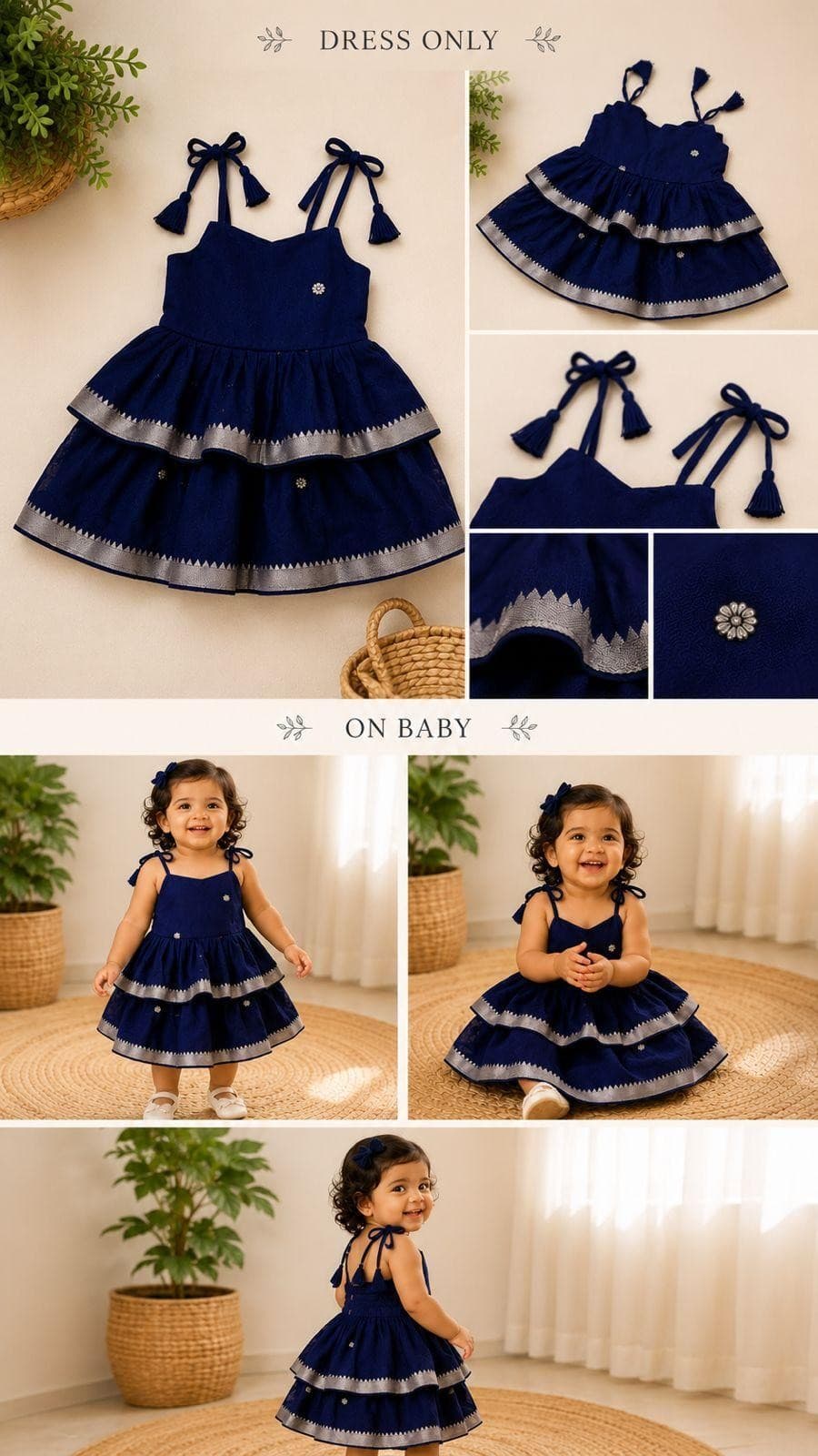 Navy blue tiered tassel dress collage