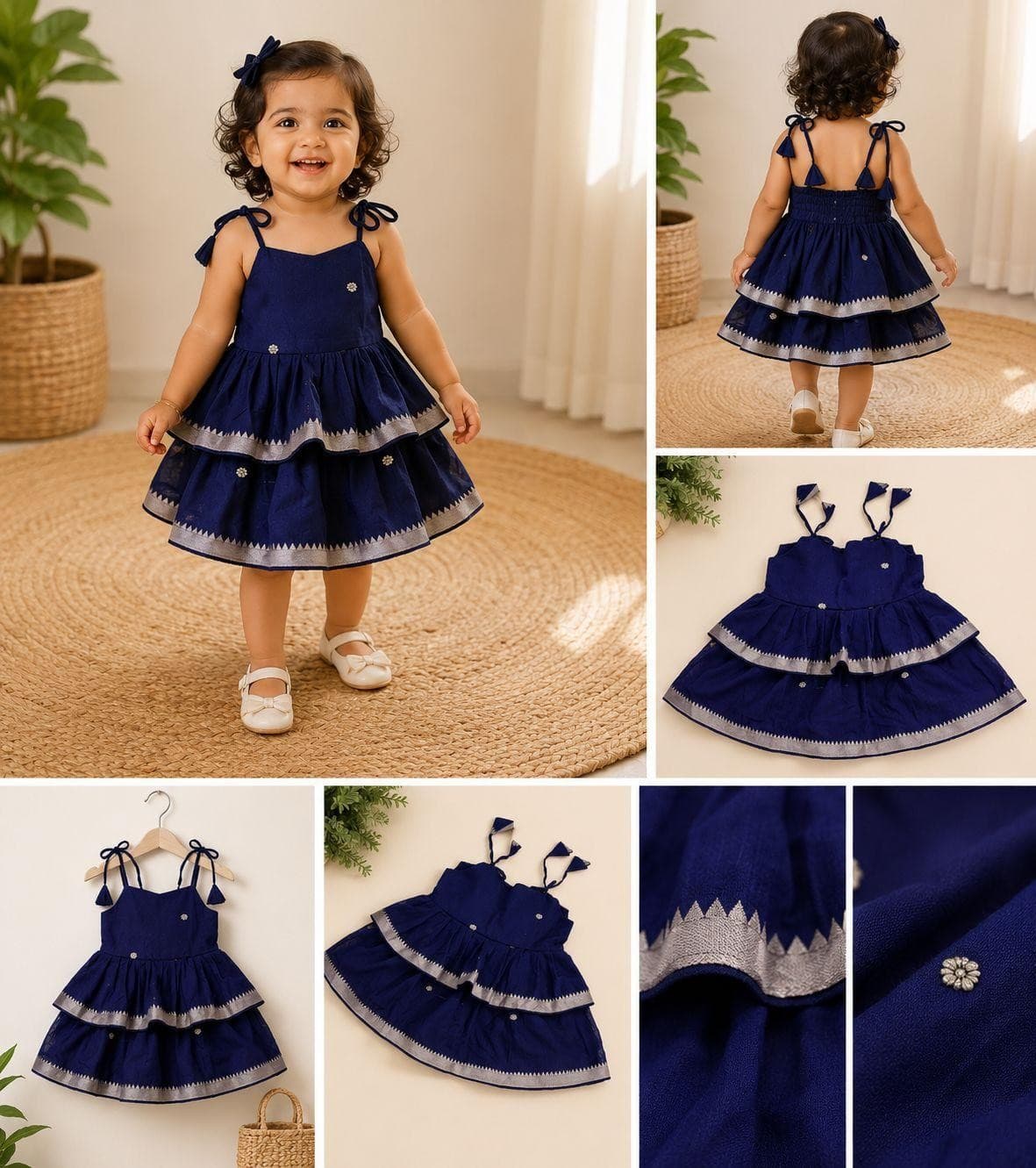 Navy blue tiered tassel dress alternate collage