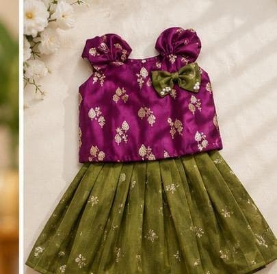 Purple brocade olive skirt set flat-lay