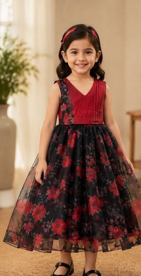 Red Black Floral Organza Dress - PABS Collection