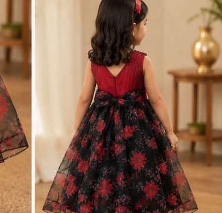 Red black floral organza dress back view