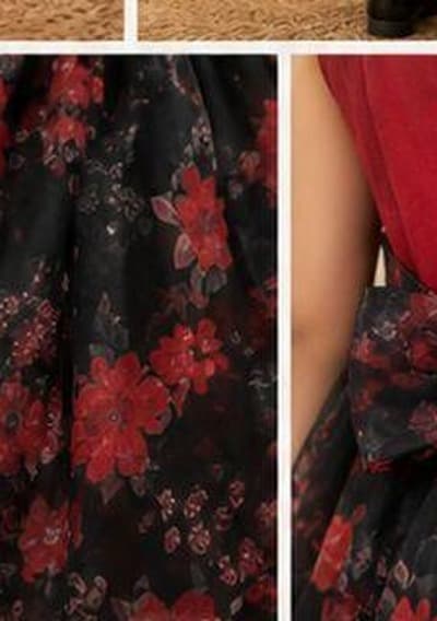 Red black floral organza dress bow back detail