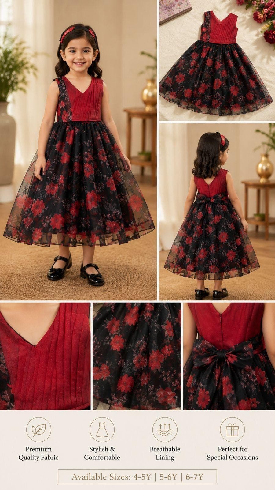 Red black floral organza dress collage
