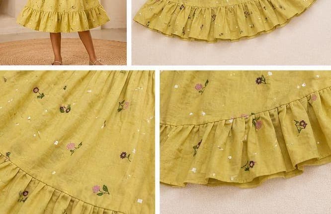 Yellow floral ruffle dress scalloped sleeve detail